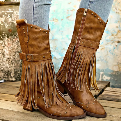 Celeste - Bottes pour femmes avec décoration à pompons et talon épais