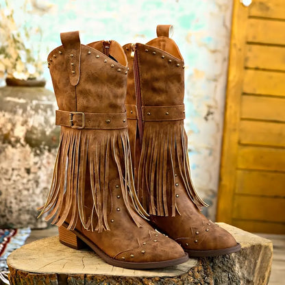 Celeste - Bottes pour femmes avec décoration à pompons et talon épais