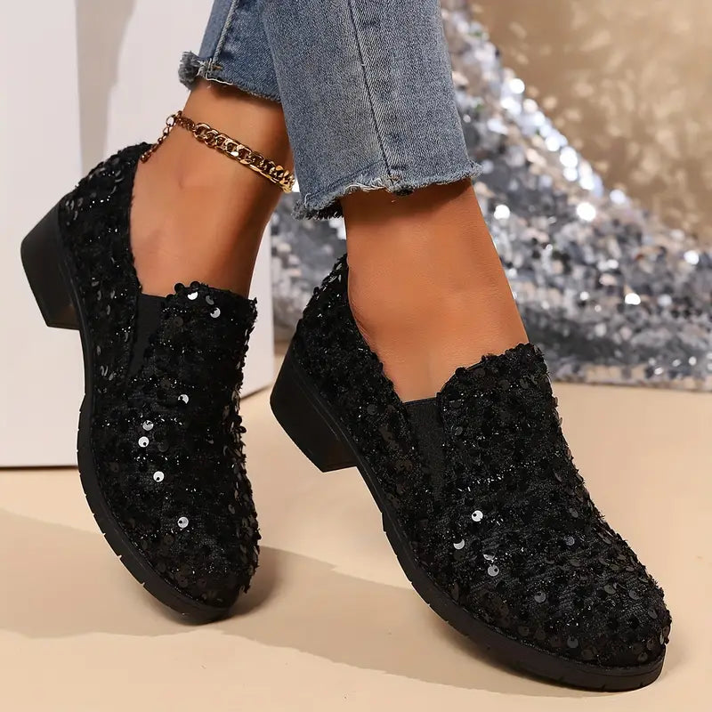 Arlene - Mocassins à talons épais et paillettes pour femmes